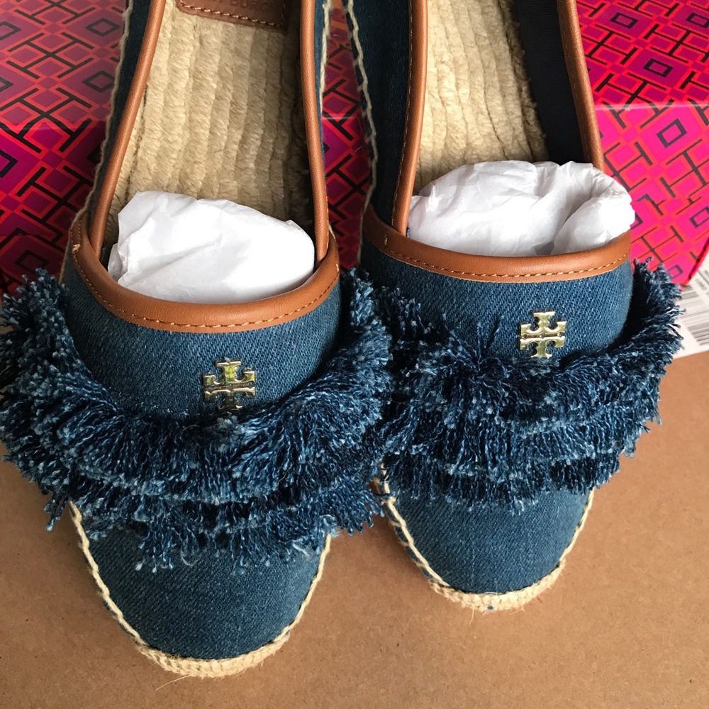 Tory Burch Denim Blue Espadrille Flats with Brown Trim and Gold Logo